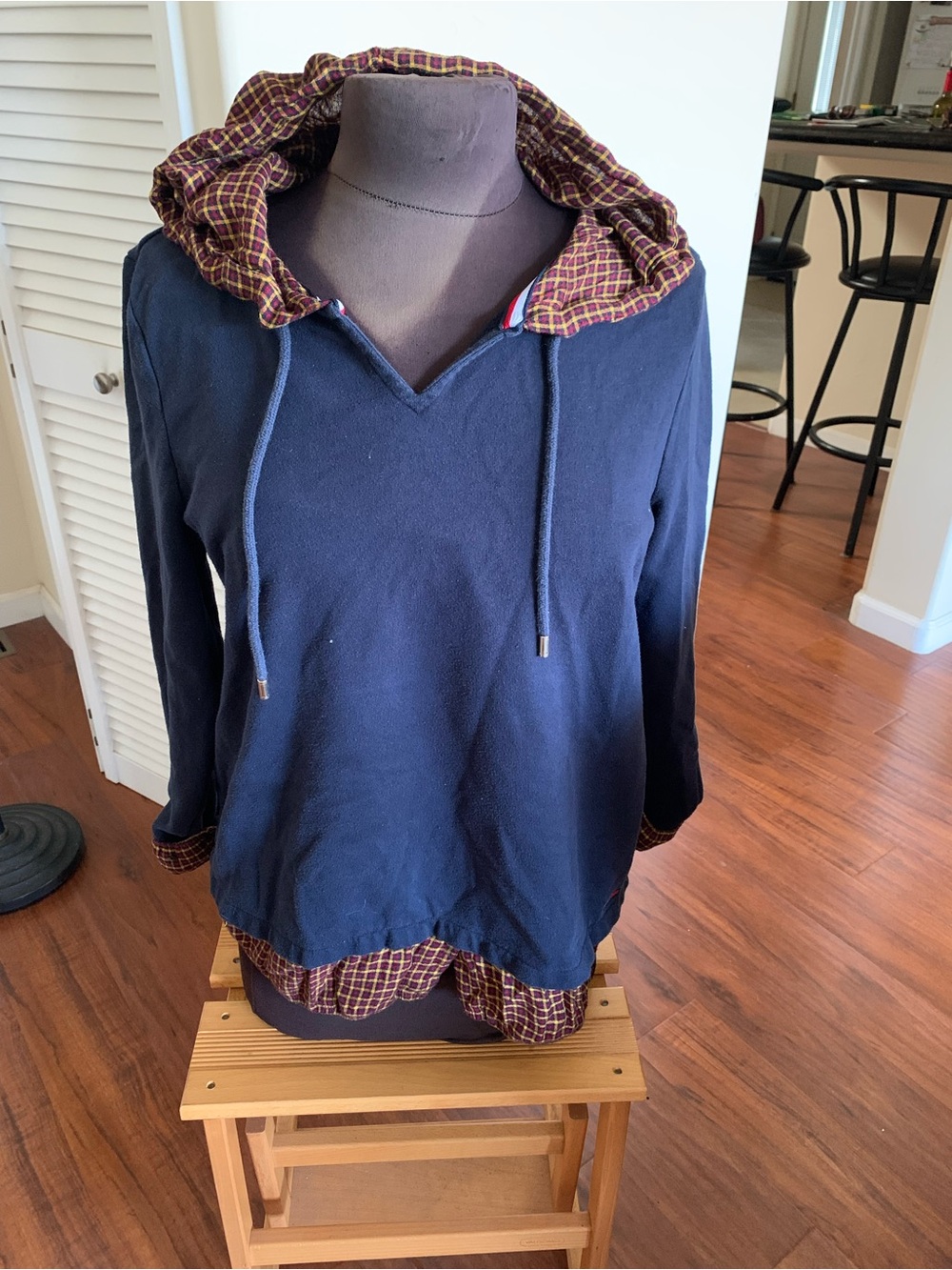 Tommy Hilfiger Navy Hooded Layered-Look Pullover with Plaid Trim